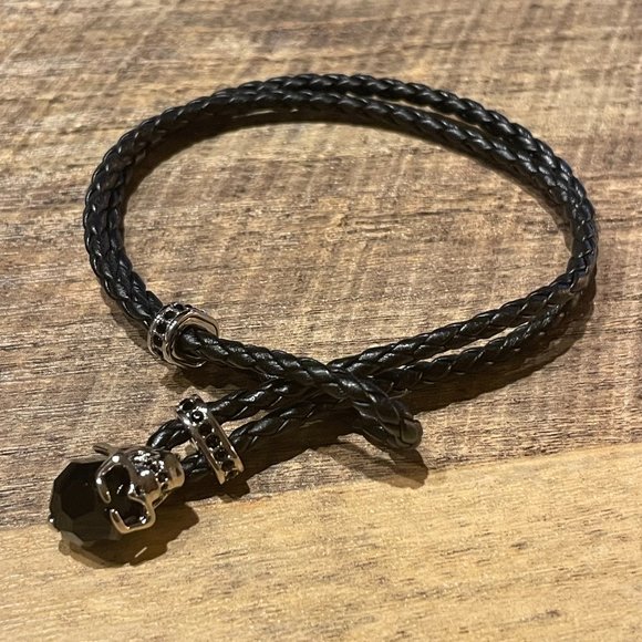Swarovski Taddeo Leather Palladium Crystal Skull Bracelet - NWT - Picture 2 of 7